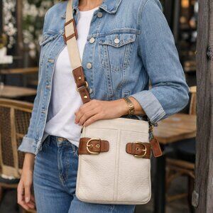 Coach, Vintage Soho Crossbody Bag, Pebbled Leather, Chalk White & Cognac, RARE